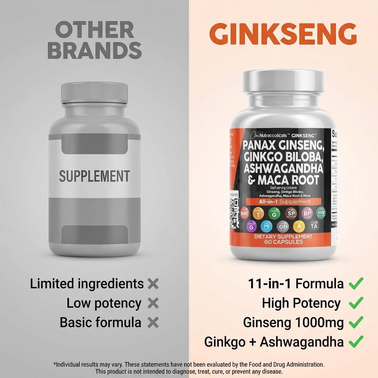 Clean Nutraceuticals panax ginseng ginkgo biloba premium adaptogen supplement close up view of the easy to swallow capsules