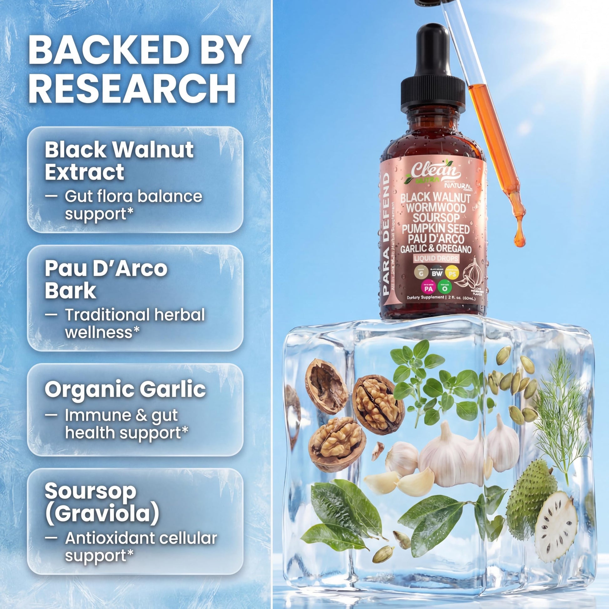 Two fluid ounces bottle of Clean Nutra Para Defend detox tincture with black walnut and sweet wormwood.