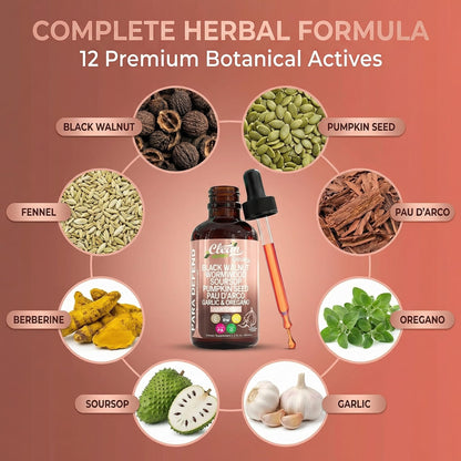 Clean Nutraceuticals Para Defend gut health drops displaying supplement facts and premium natural ingredients.