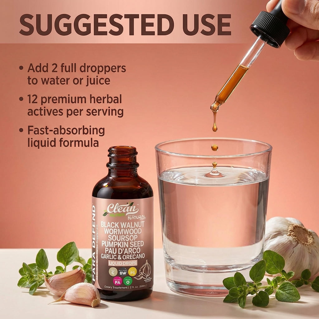 Close up view of Clean Nutra Para Defend herbal liquid dropper bottle for balanced gut flora.