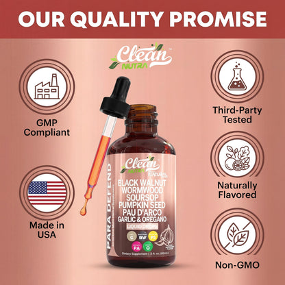 Clean Nutraceuticals Para Defend liquid extract formula featuring pumpkin seed and pau darco bark.