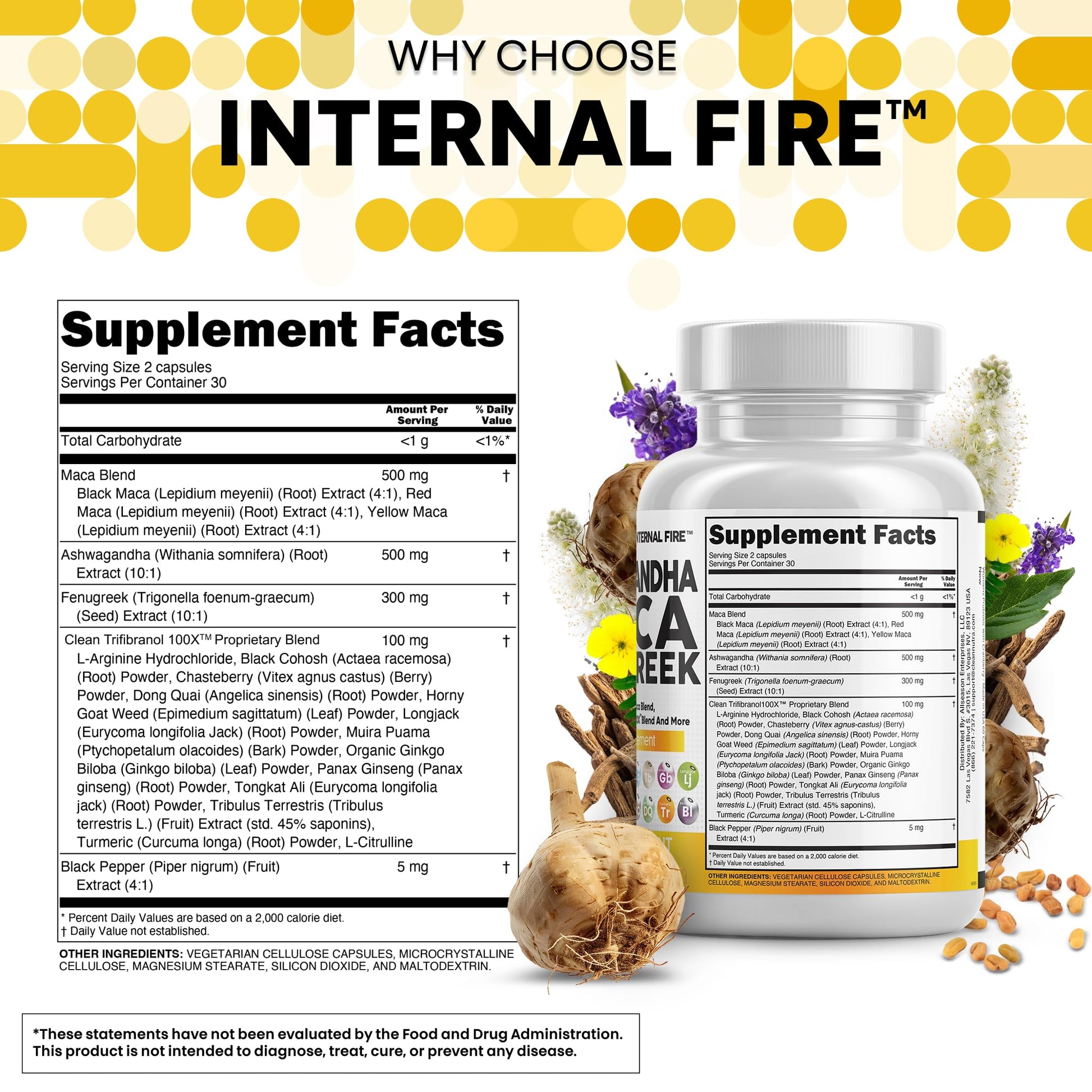 Ashwagandha and maca root herbal blend bottle label information