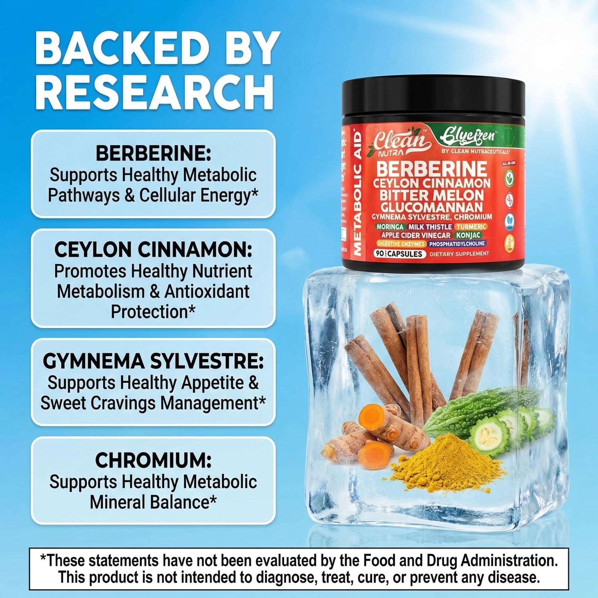 Back of Clean Nutra GlyciZen bottle showing supplement facts