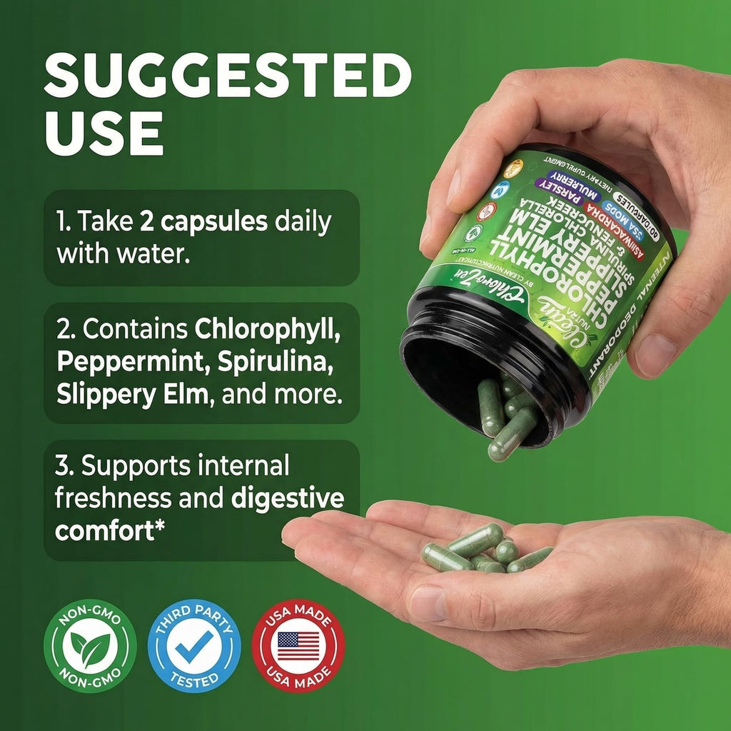 Chlorophyll internal body deodorizer capsules with peppermint and slippery elm ingredient list