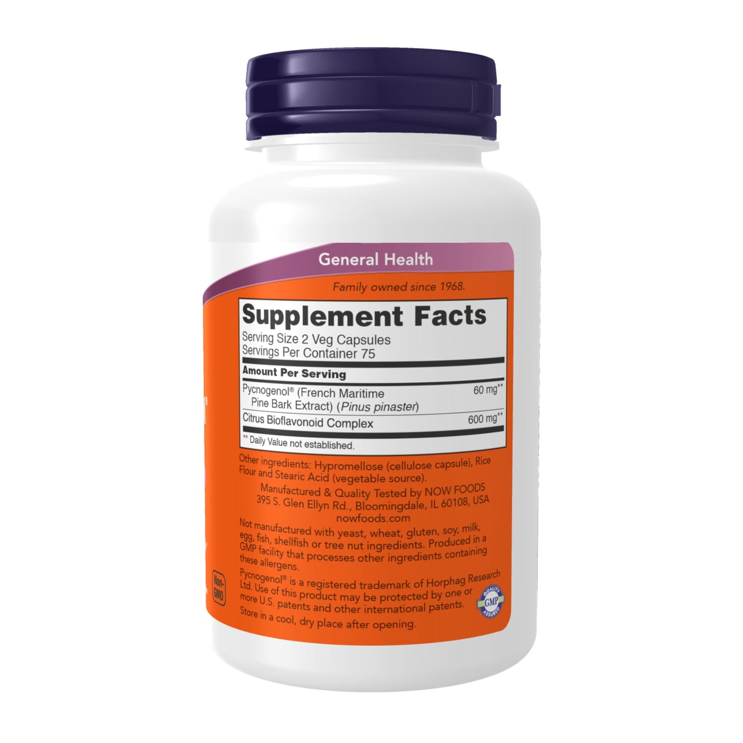 NOW Foods Pycnogenol dietary supplement bottle back panel listing ingredients