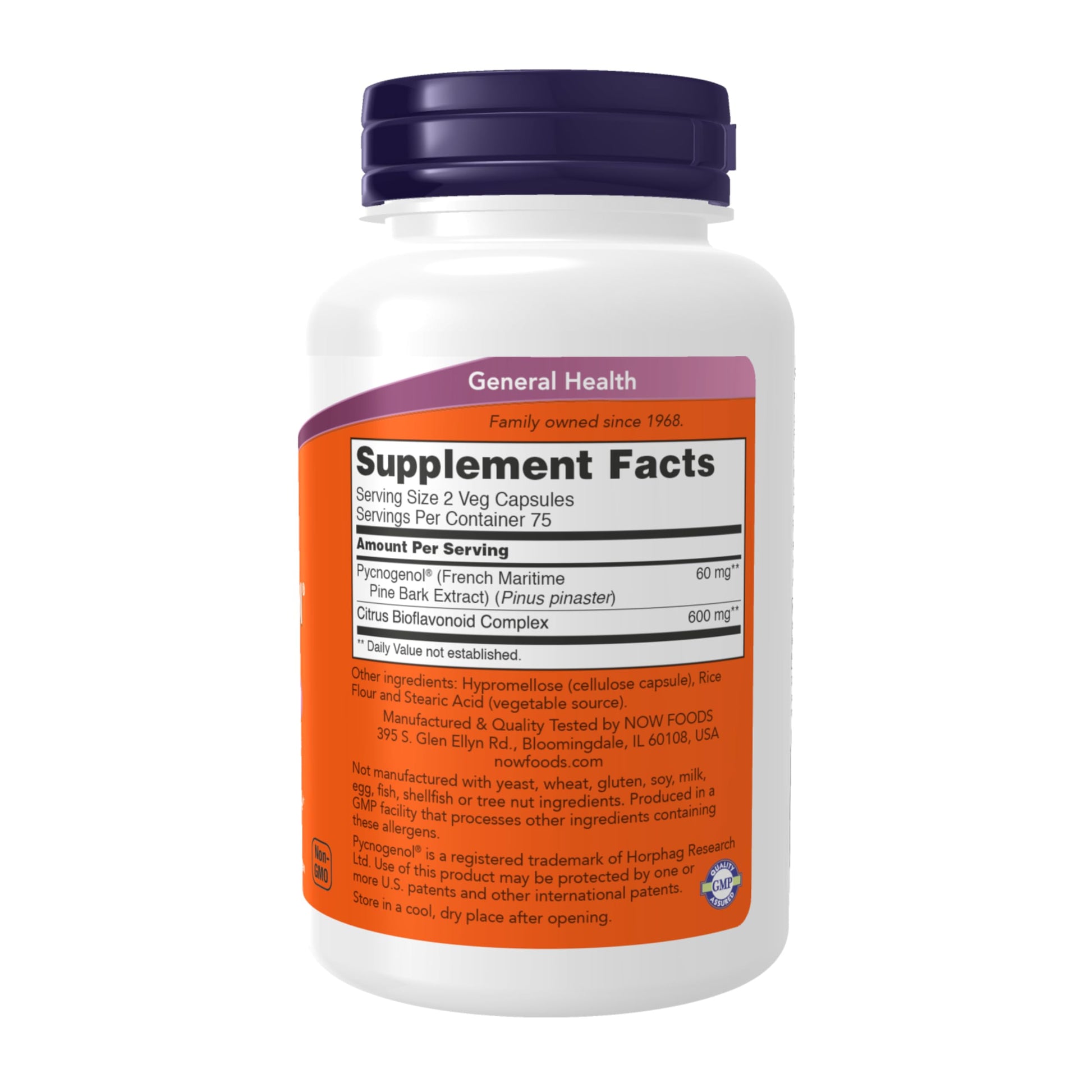 NOW Foods Pycnogenol dietary supplement bottle back panel listing ingredients
