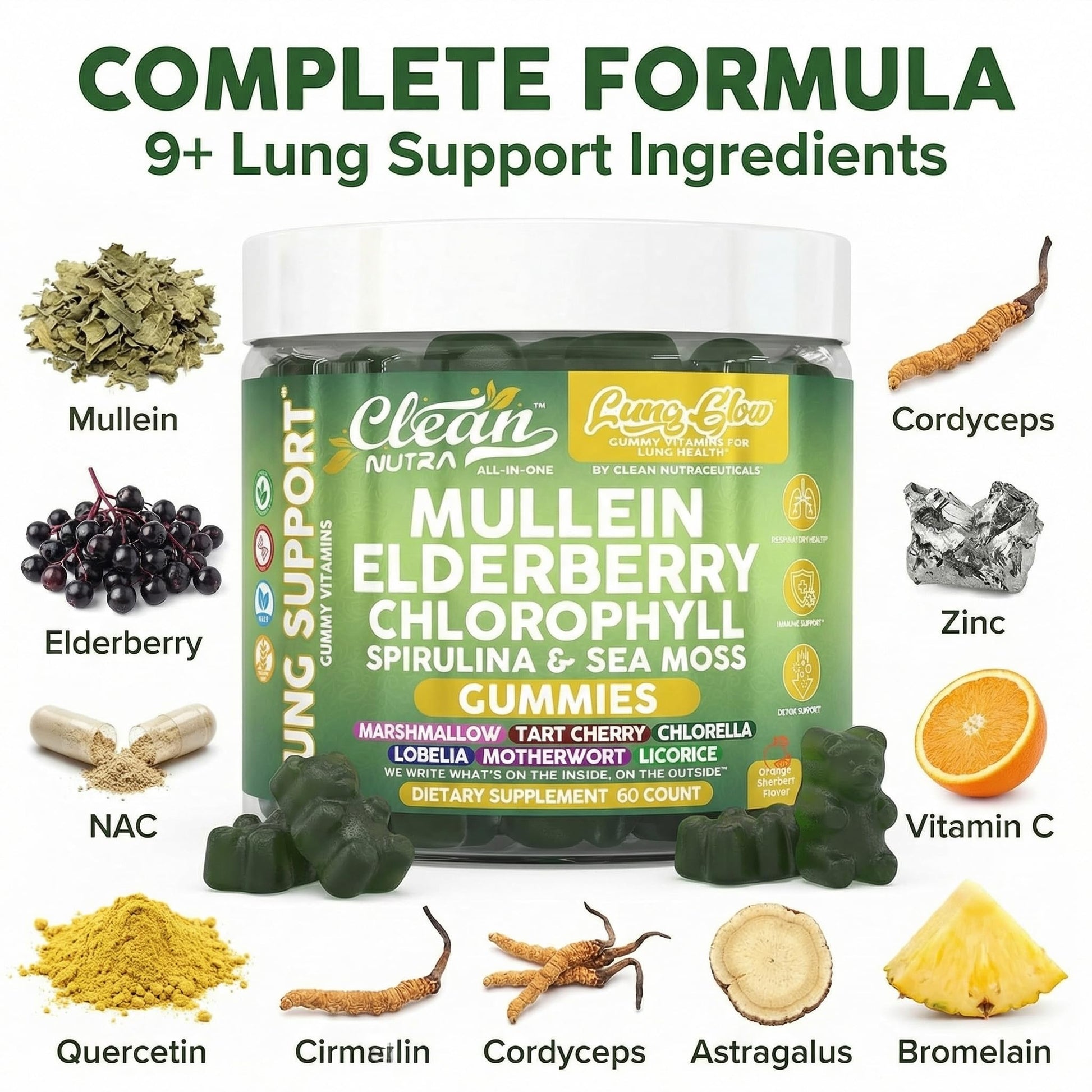 Clean Nutraceuticals lung health supplement gummies in orange sherbert flavor