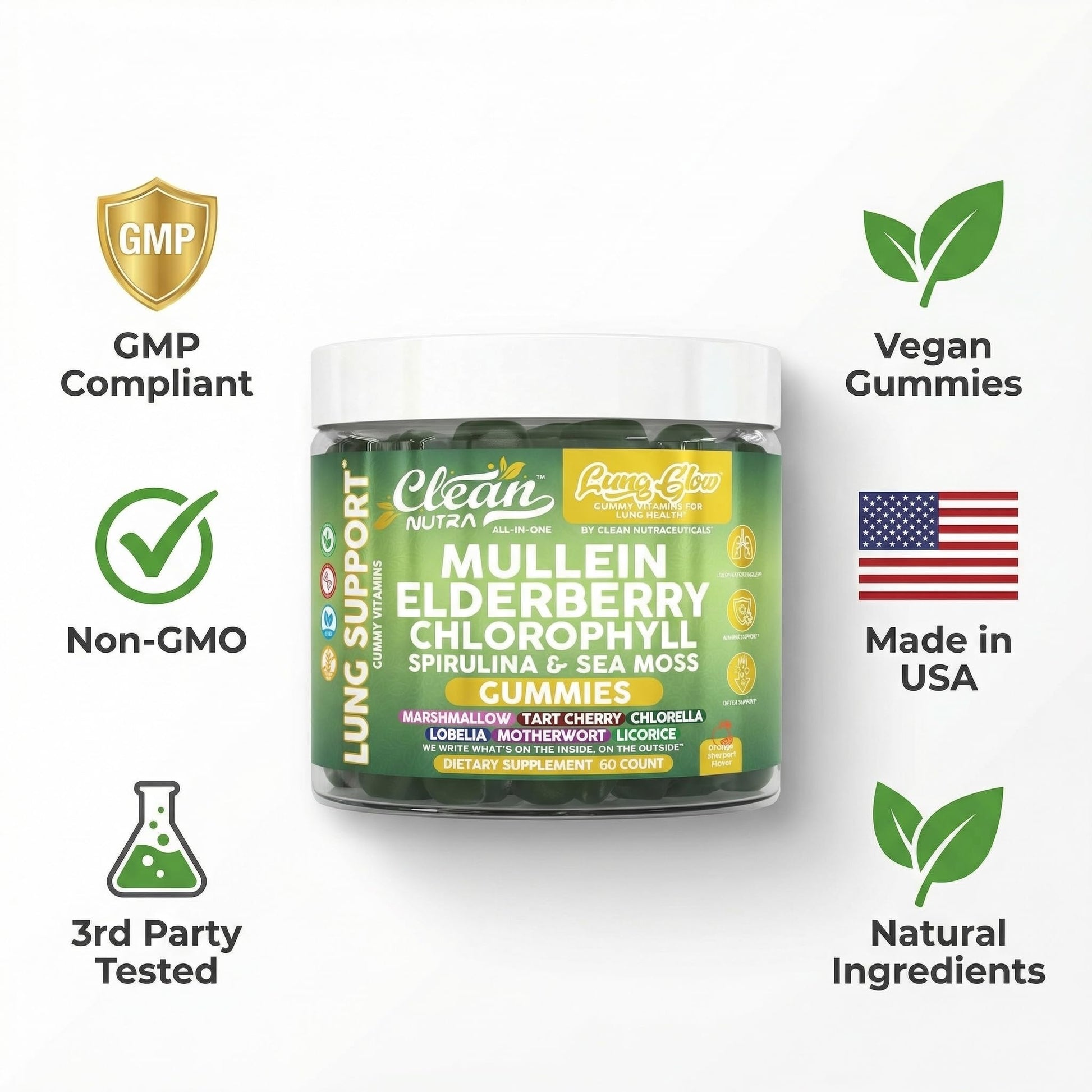Vegan and gluten free lung support gummies showing product text details