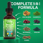 Premium imported USA organic mullein drops packaging with Irish sea moss and elderberry callouts.