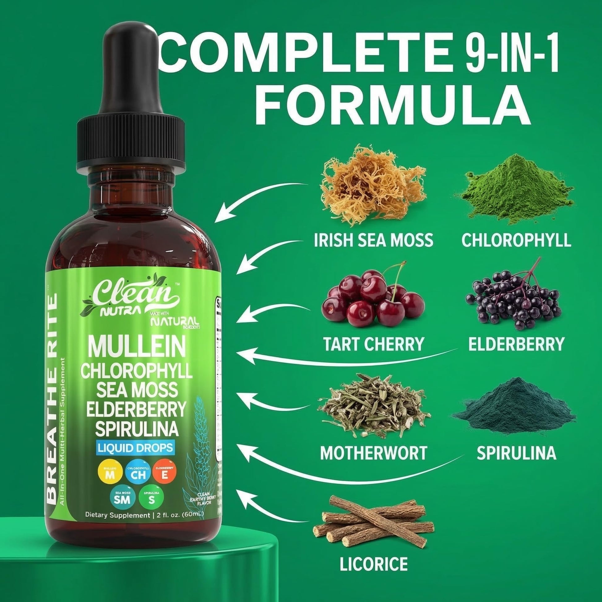 Premium imported USA organic mullein drops packaging with Irish sea moss and elderberry callouts.