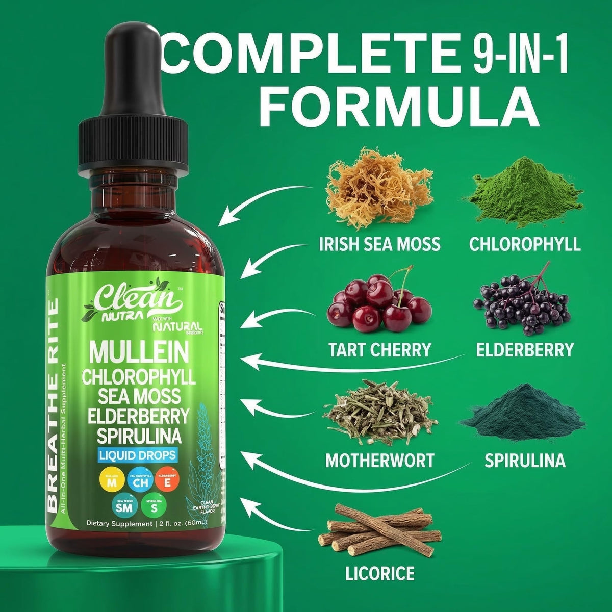 Premium imported USA organic mullein drops packaging with Irish sea moss and elderberry callouts.
