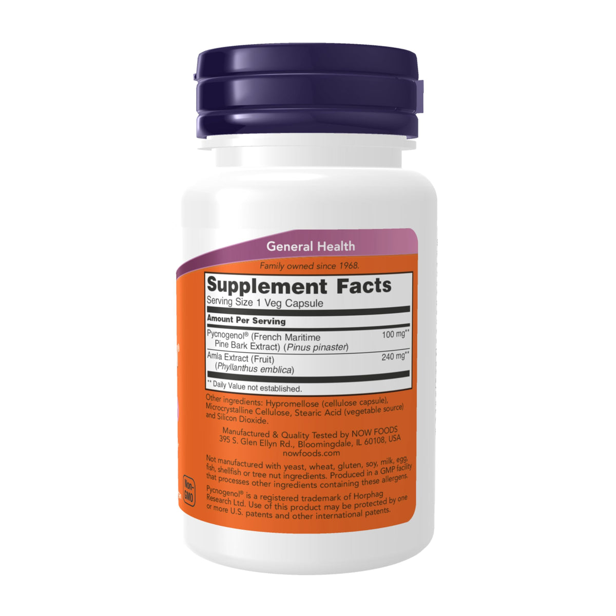 Now Foods Pycnogenol dietary supplement label showing ingredient facts and dosage