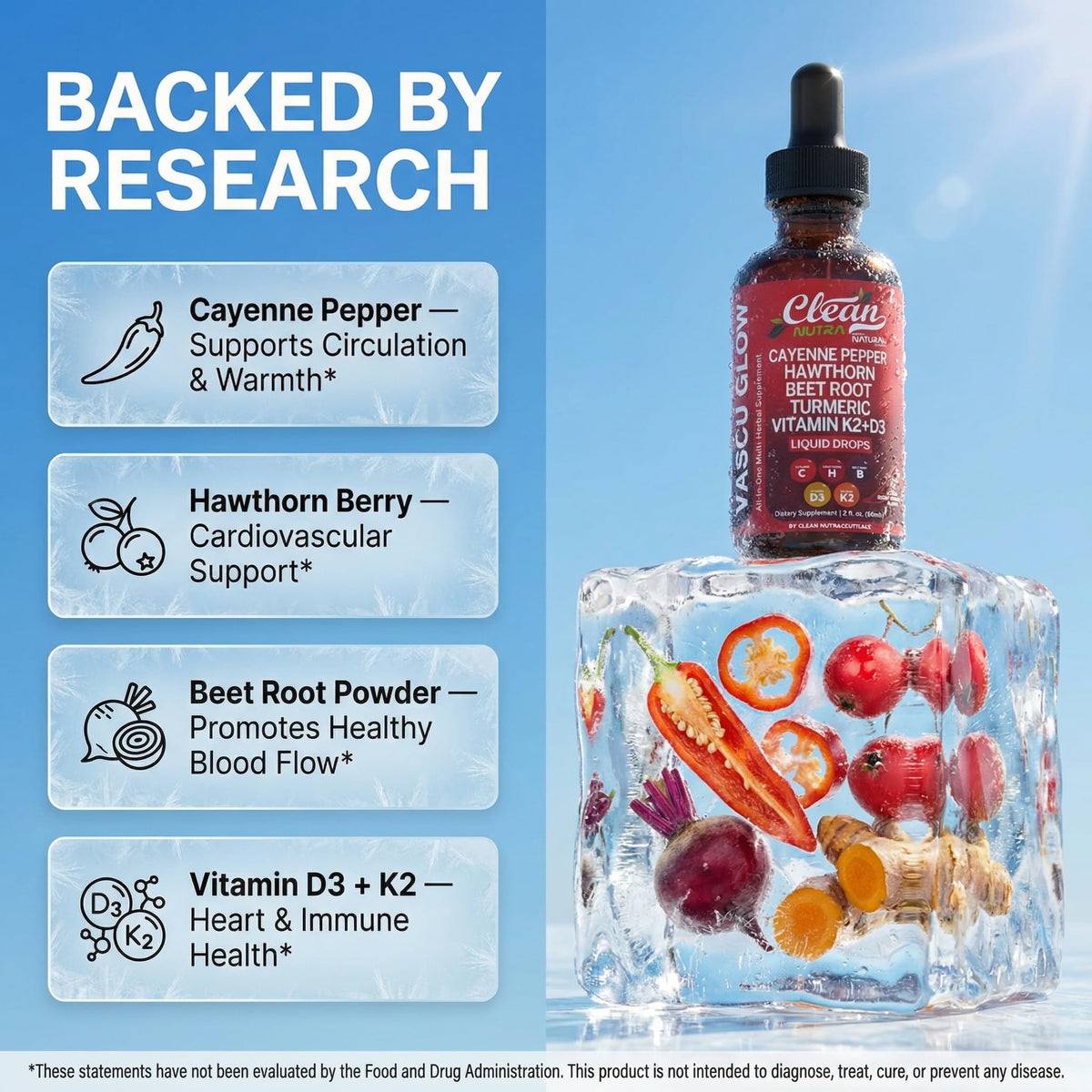 Clean Nutraceuticals Vascu Glow dropper application view showing berry cinnamon flavored herbal liquid