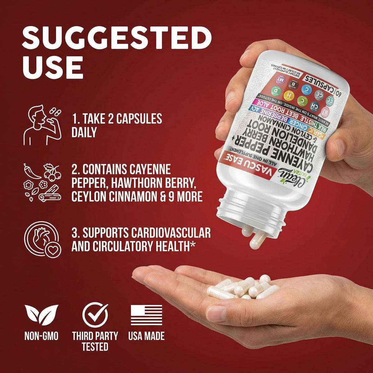 Sixty vegan capsules bottle of Clean Nutra cayenne pepper blend highlighting circulation support benefits