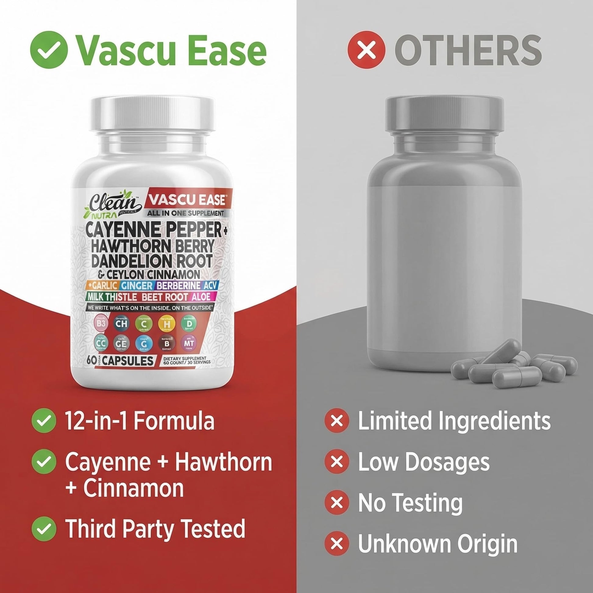 Angled view of Evorina Vascu Ease bottle showing manufacturing details and clean label certification