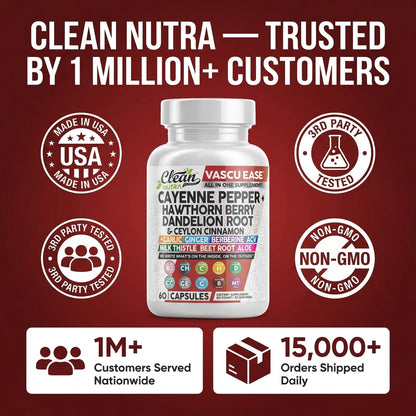 Secure safety seal on top of the imported Evorina Clean Nutra herbal wellness capsule container
