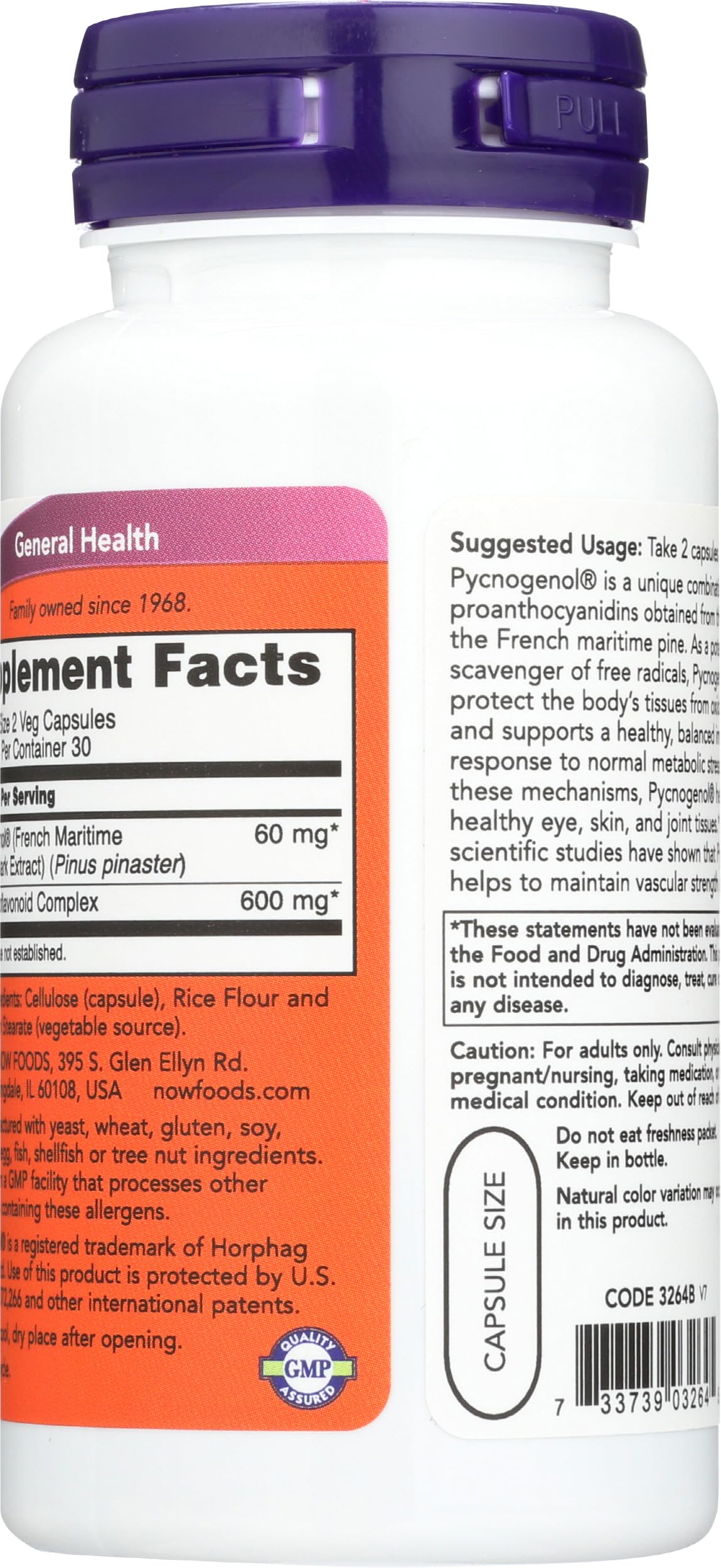 Side angle of NOW Foods Pycnogenol showing the supplement facts panel with 30mg pine bark extract and 300mg bioflavonoids