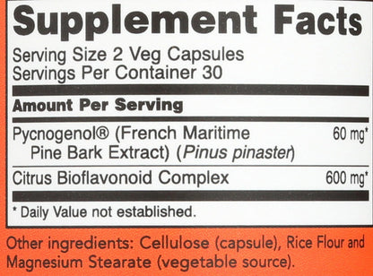 Close-up of the non-GMO and vegan certification badges on the NOW Foods Pycnogenol 60 vegetable capsules bottle