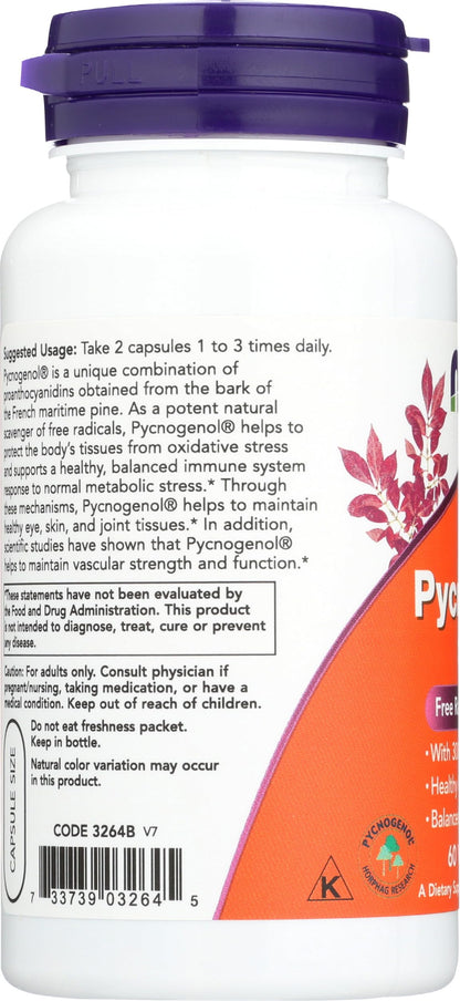 Back label view of NOW Foods Pycnogenol highlighting the allergen-free product information and daily usage instructions