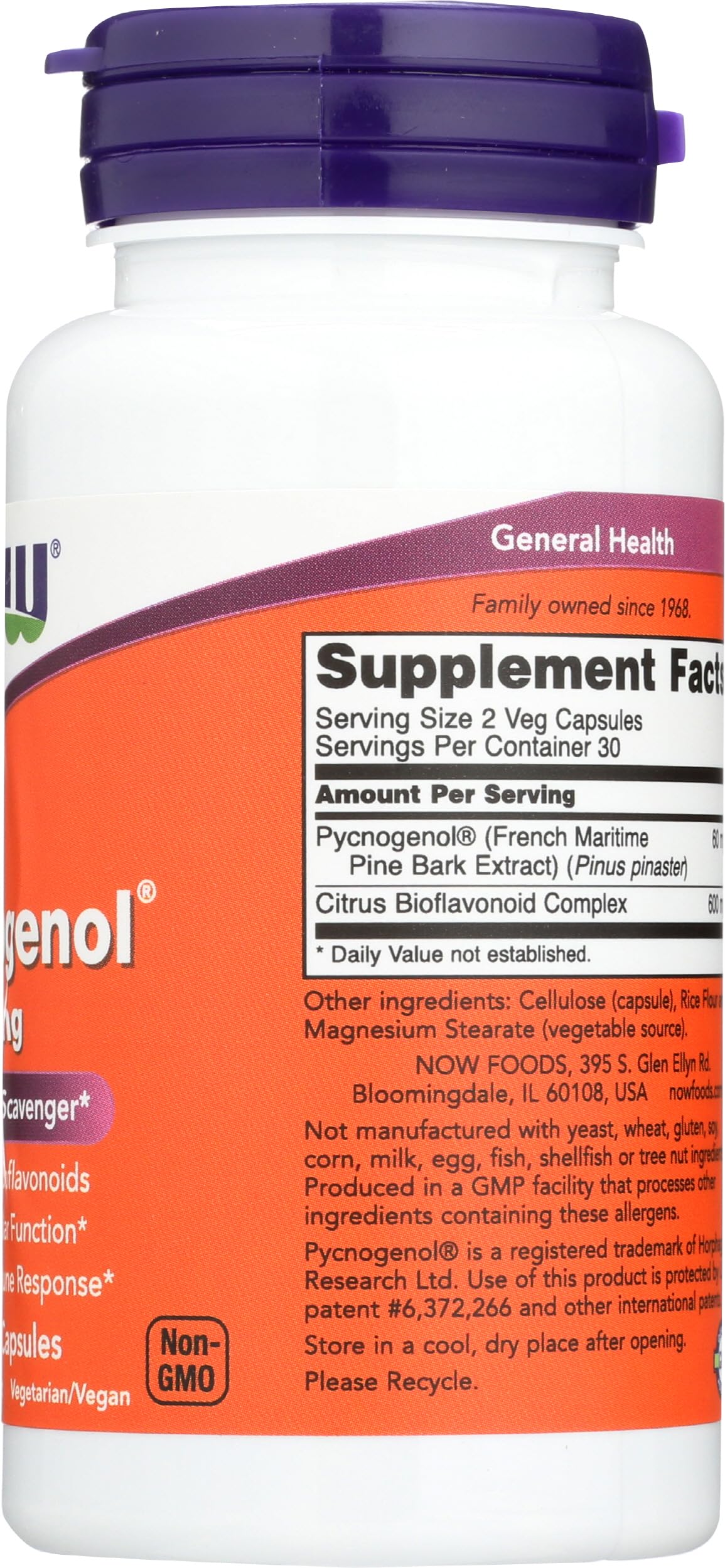 High-quality shot of the standard white and orange bottle of Pycnogenol 30mg by NOW Foods for vascular health