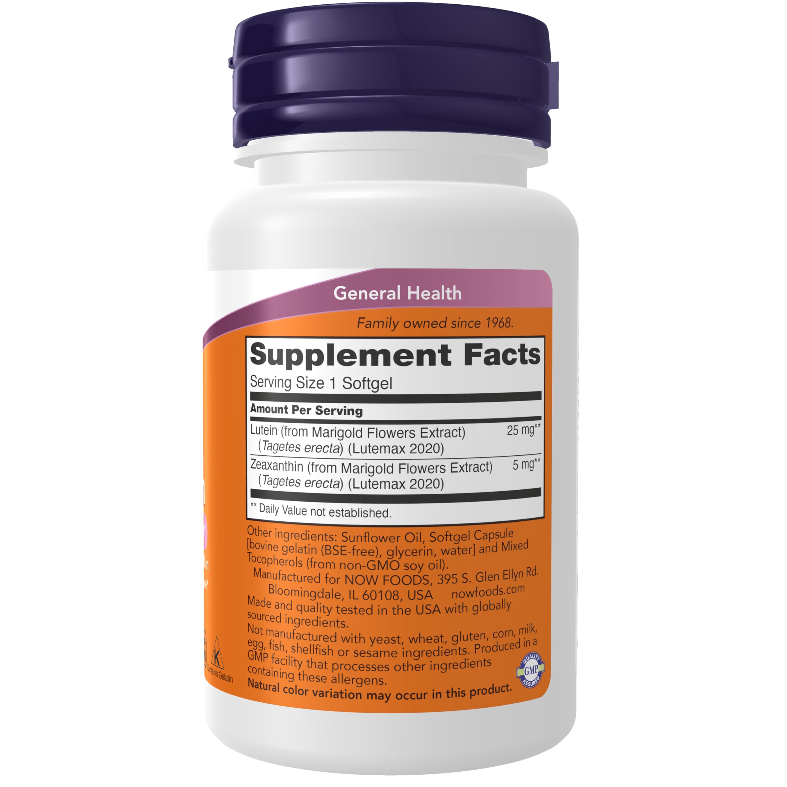 Bottle of Now Foods Lutein and Zeaxanthin supplement facts label