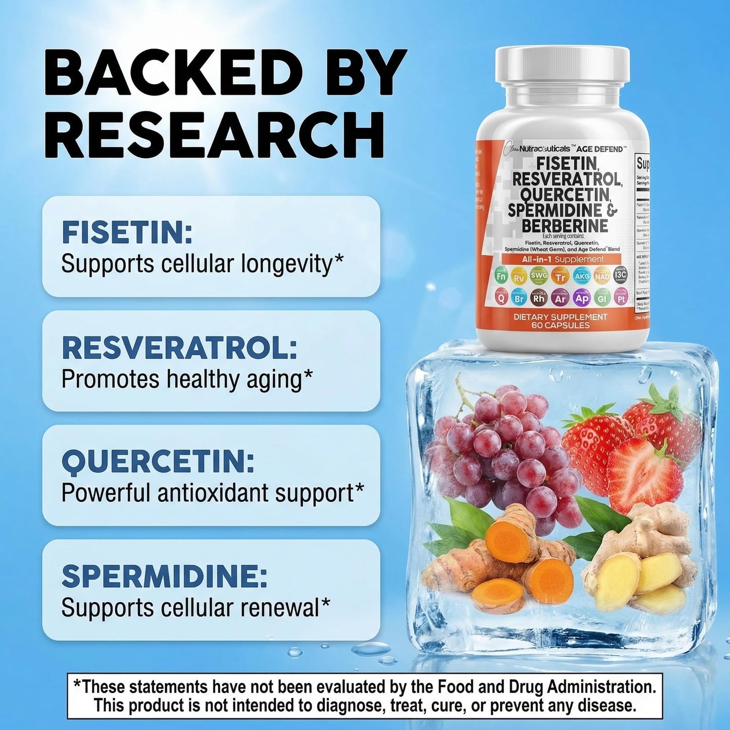 Side view of Clean Nutraceuticals Age Defend dietary supplement container highlighting USA manufacturing