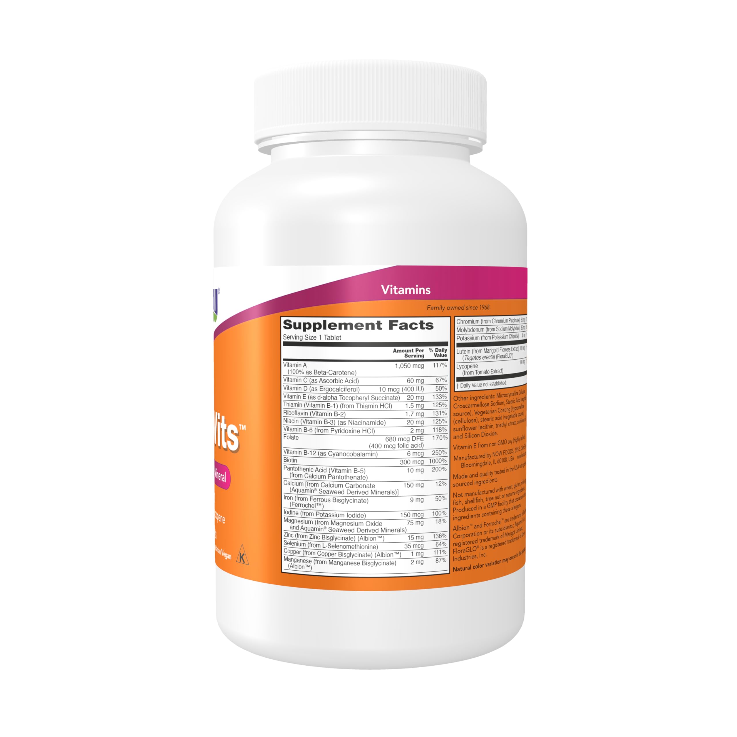 Side angle of NOW Foods multivitamin bottle displaying vegetarian and non-GMO labels