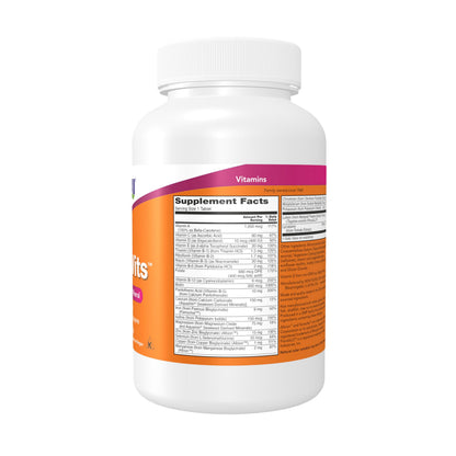 Side angle of NOW Foods multivitamin bottle displaying vegetarian and non-GMO labels