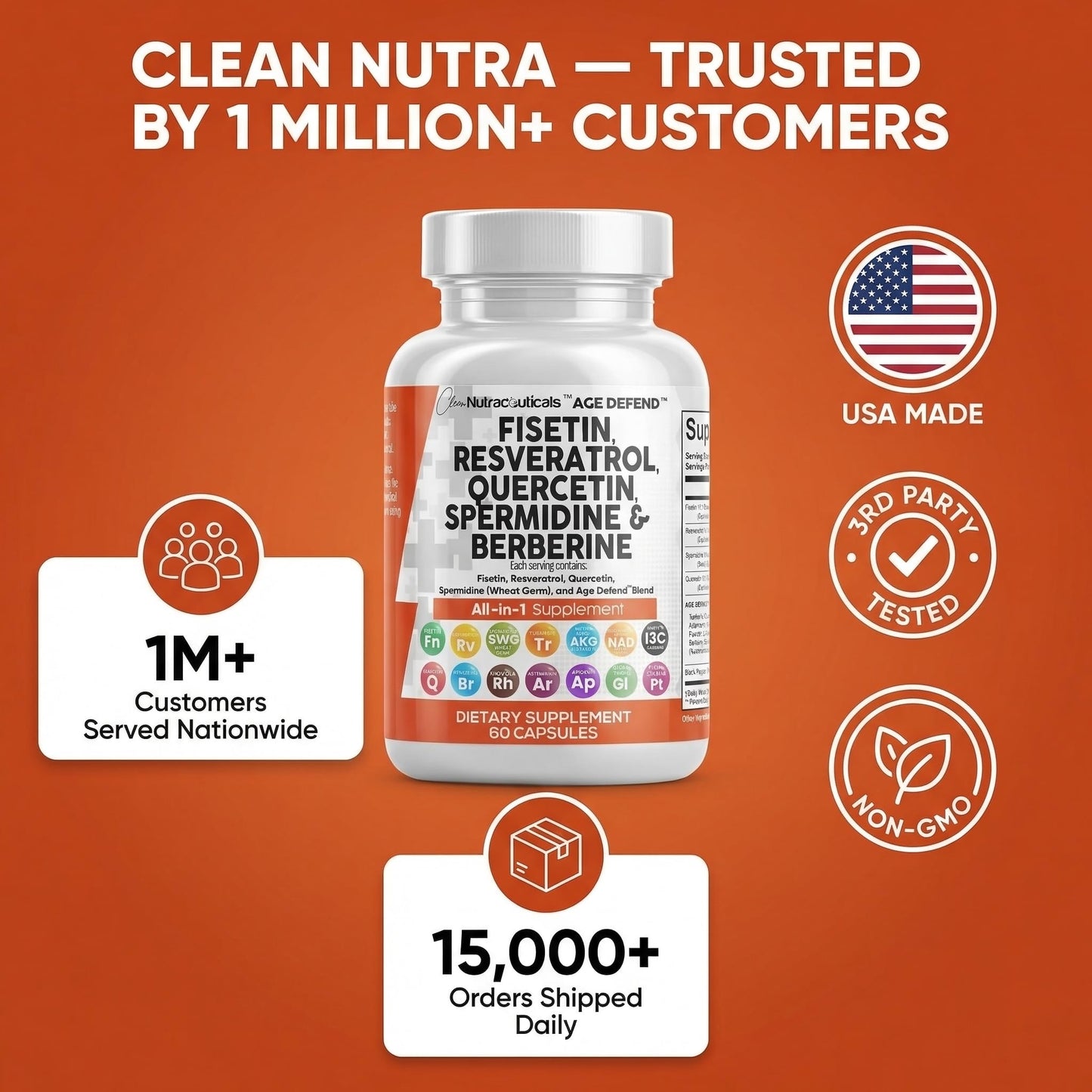 Clean Nutraceuticals Age Defend senolytic complex capsules displayed next to the official product bottle