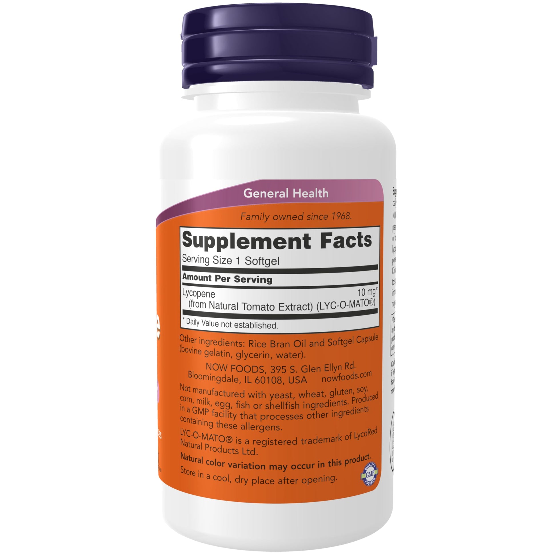 NOW Foods Lycopene 120 softgels supplement facts label with ingredient details