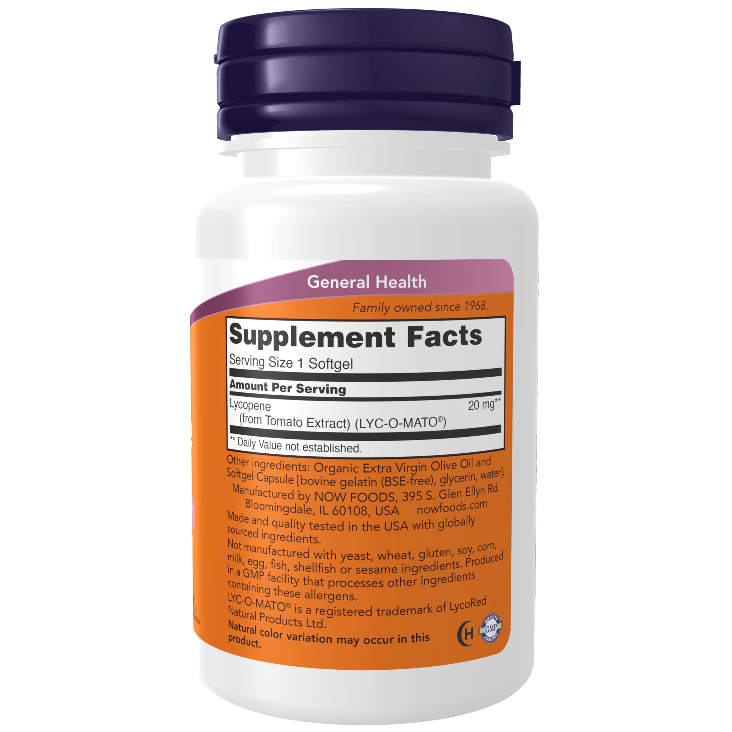 NOW Foods Lycopene supplement nutrition facts label close up view