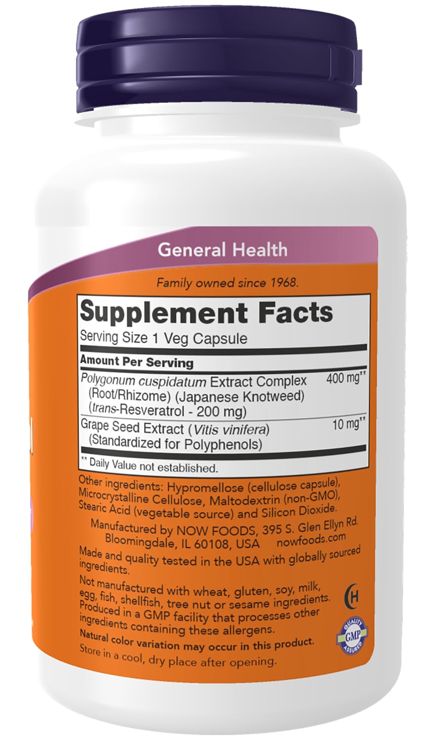 Now Foods Resveratrol vegetarian capsules supplement label