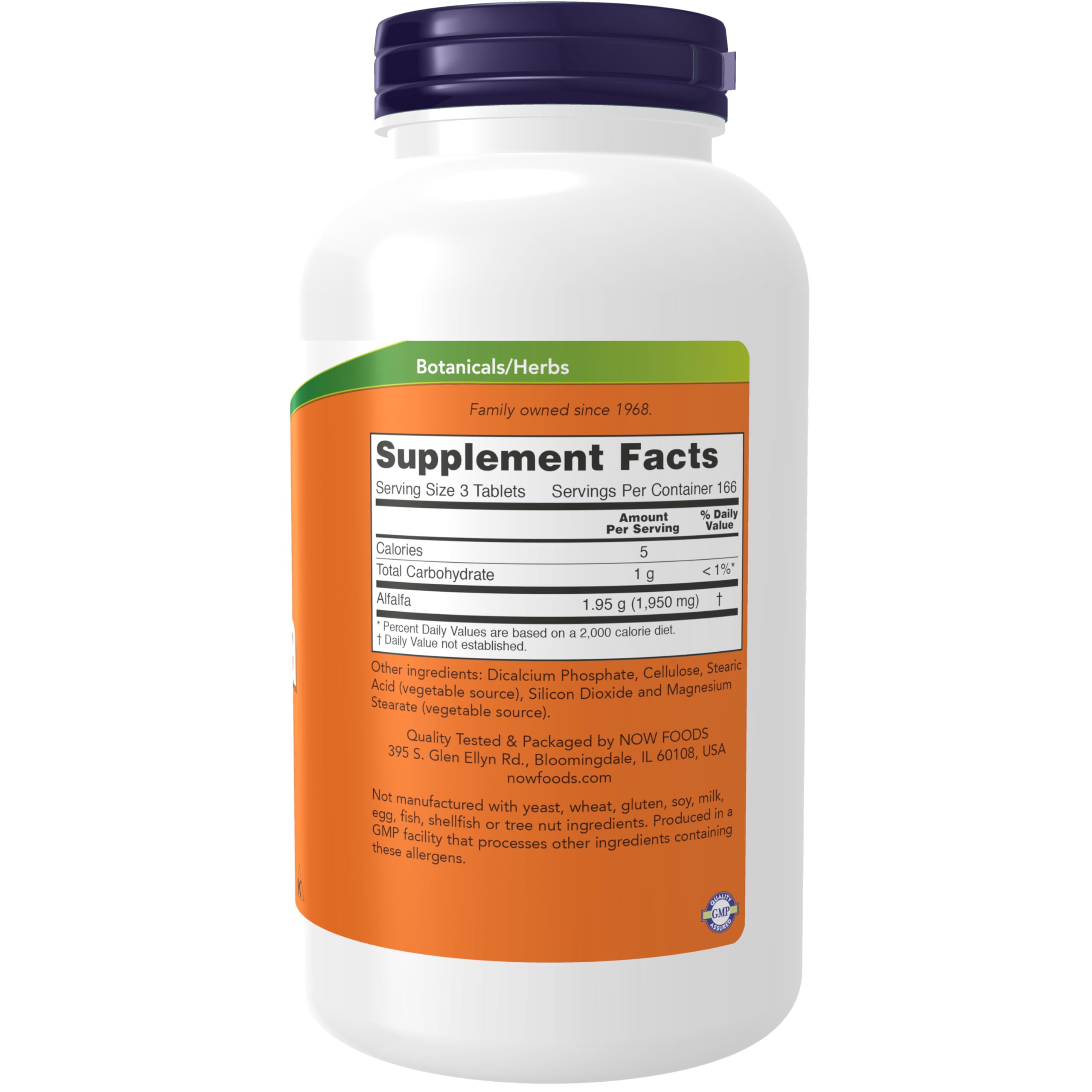 Now Foods Alfalfa dietary supplement bottle side view