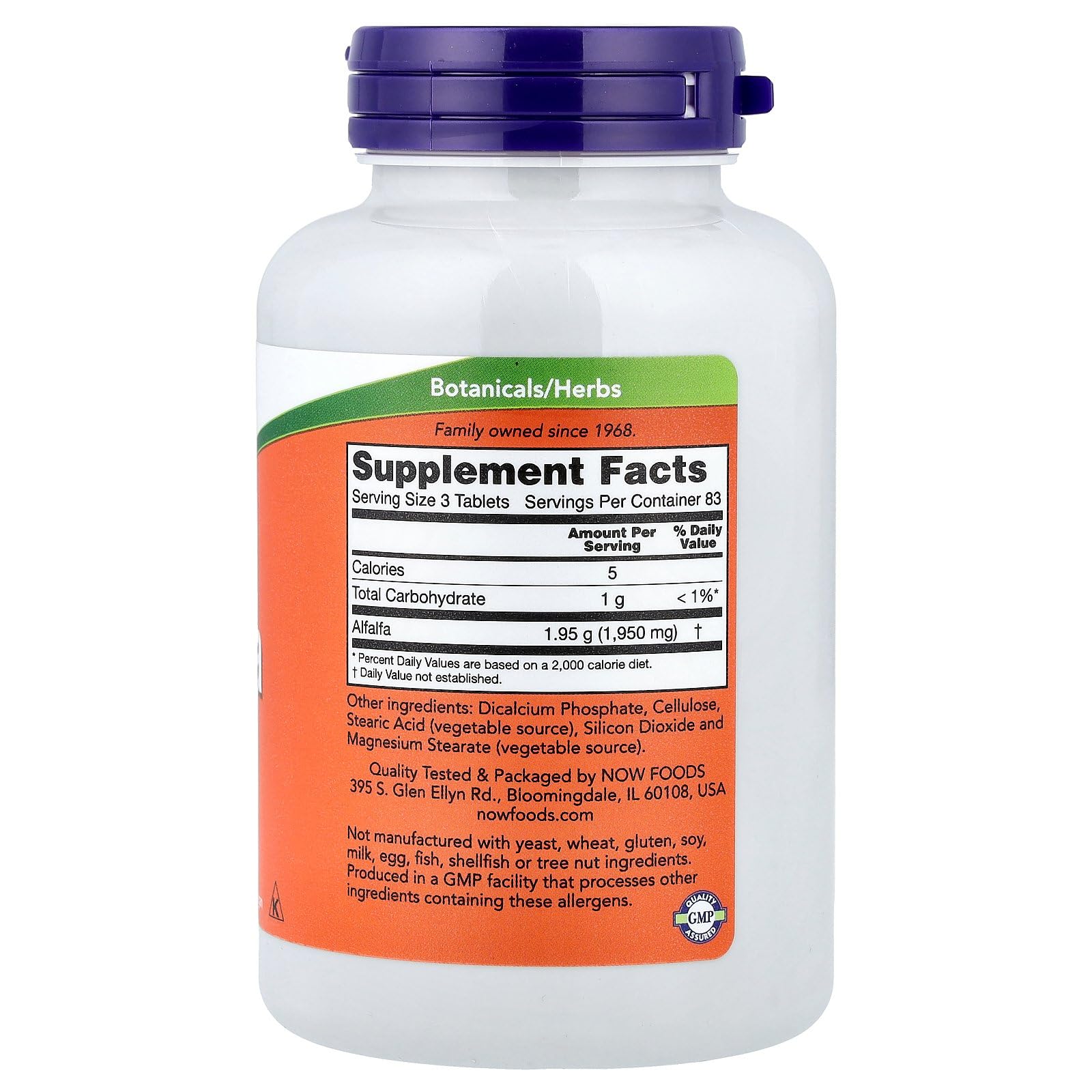 Now Foods Alfalfa bottle label details and supplement facts