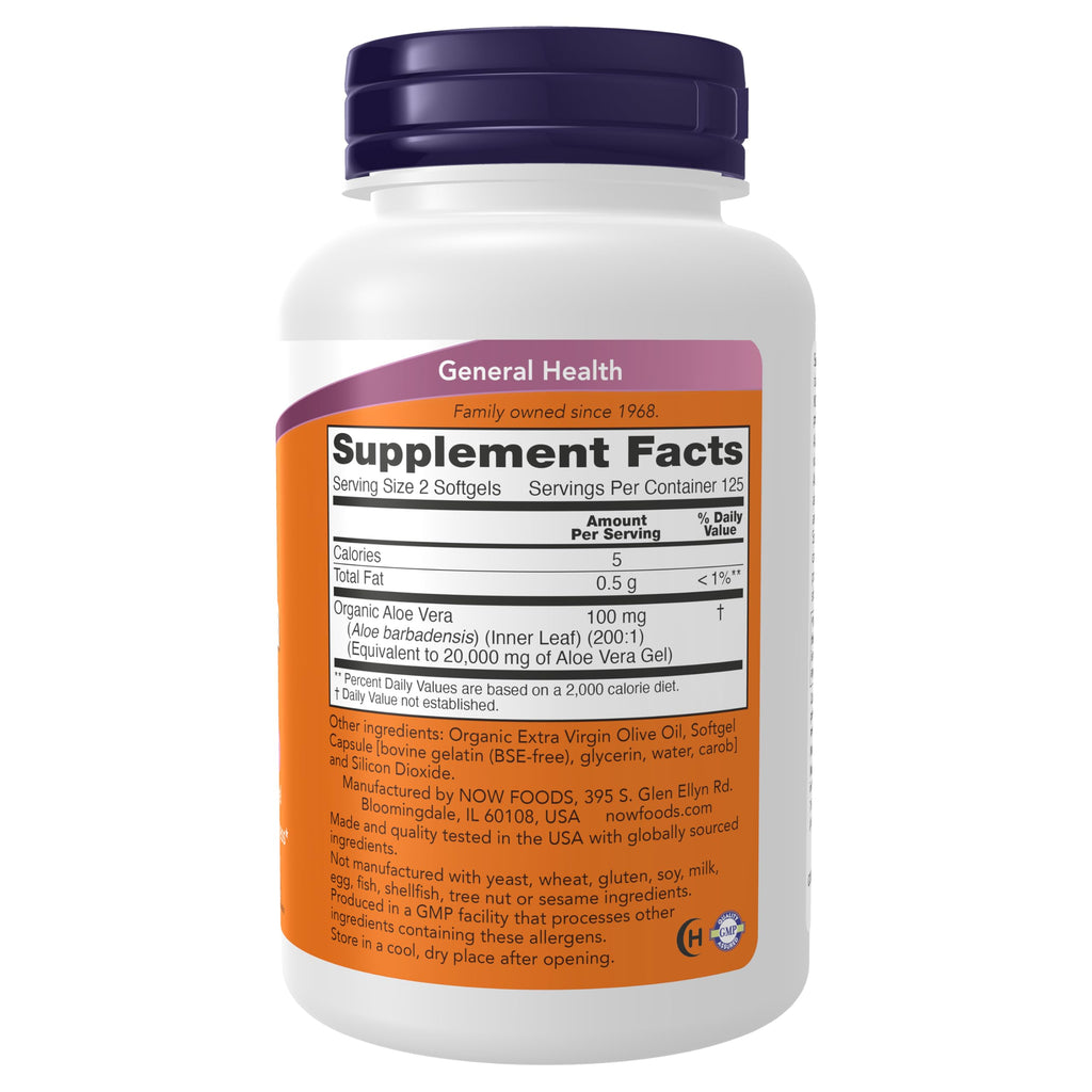 Now Foods Aloe Vera dietary supplement bottle label details