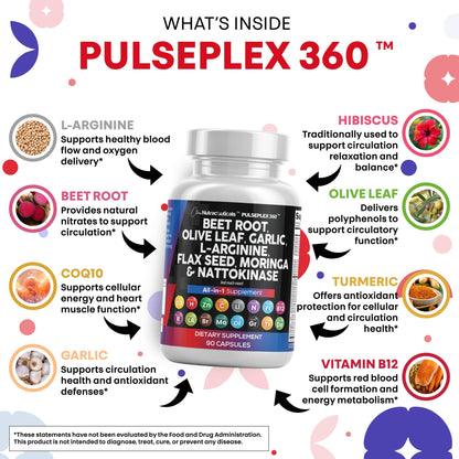 Side view of Pulseplex 360 supplement bottle detailing nutritional facts and USA manufacturing authenticity details.