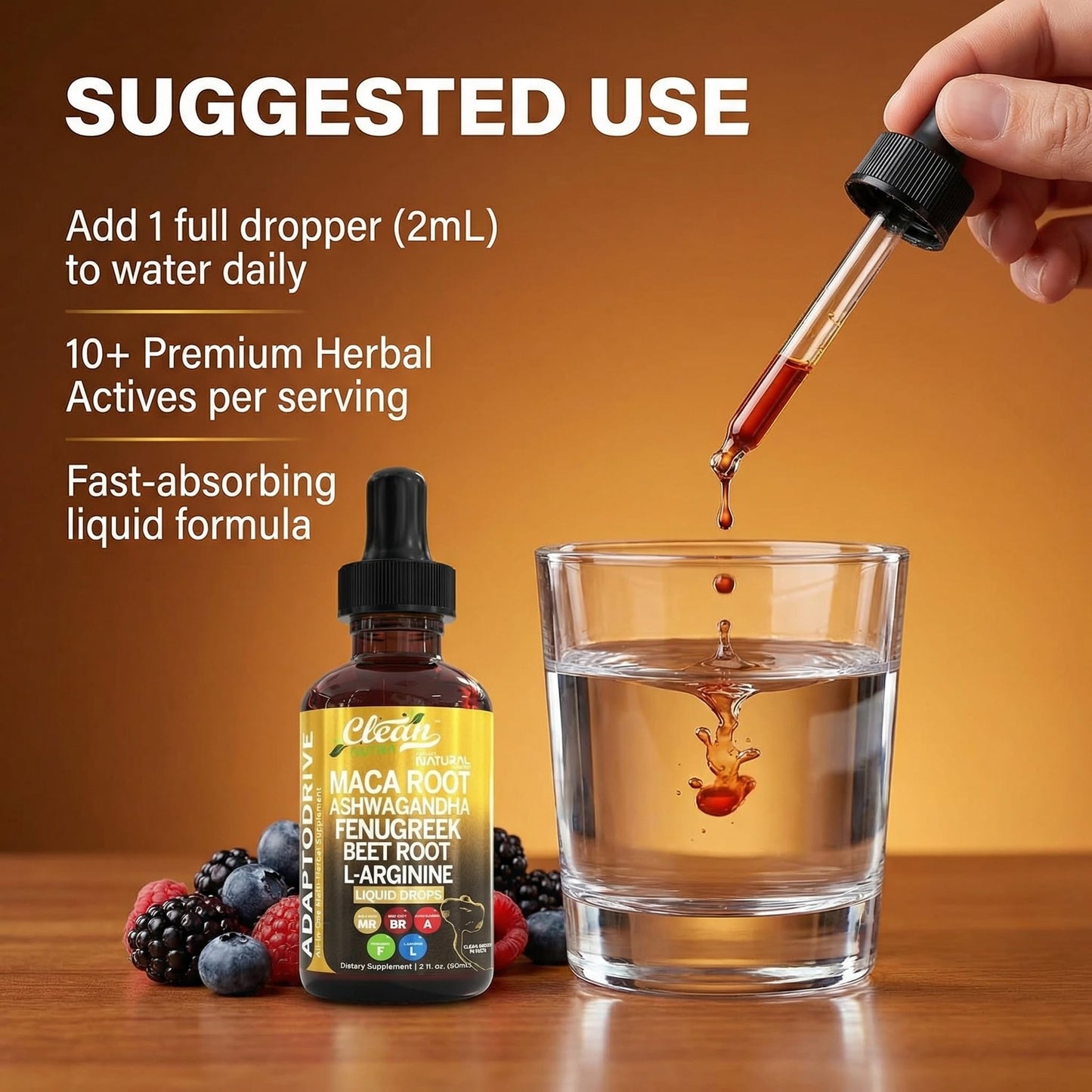 Adapto Drive liquid herbal formula dropper bottle for endurance and stamina