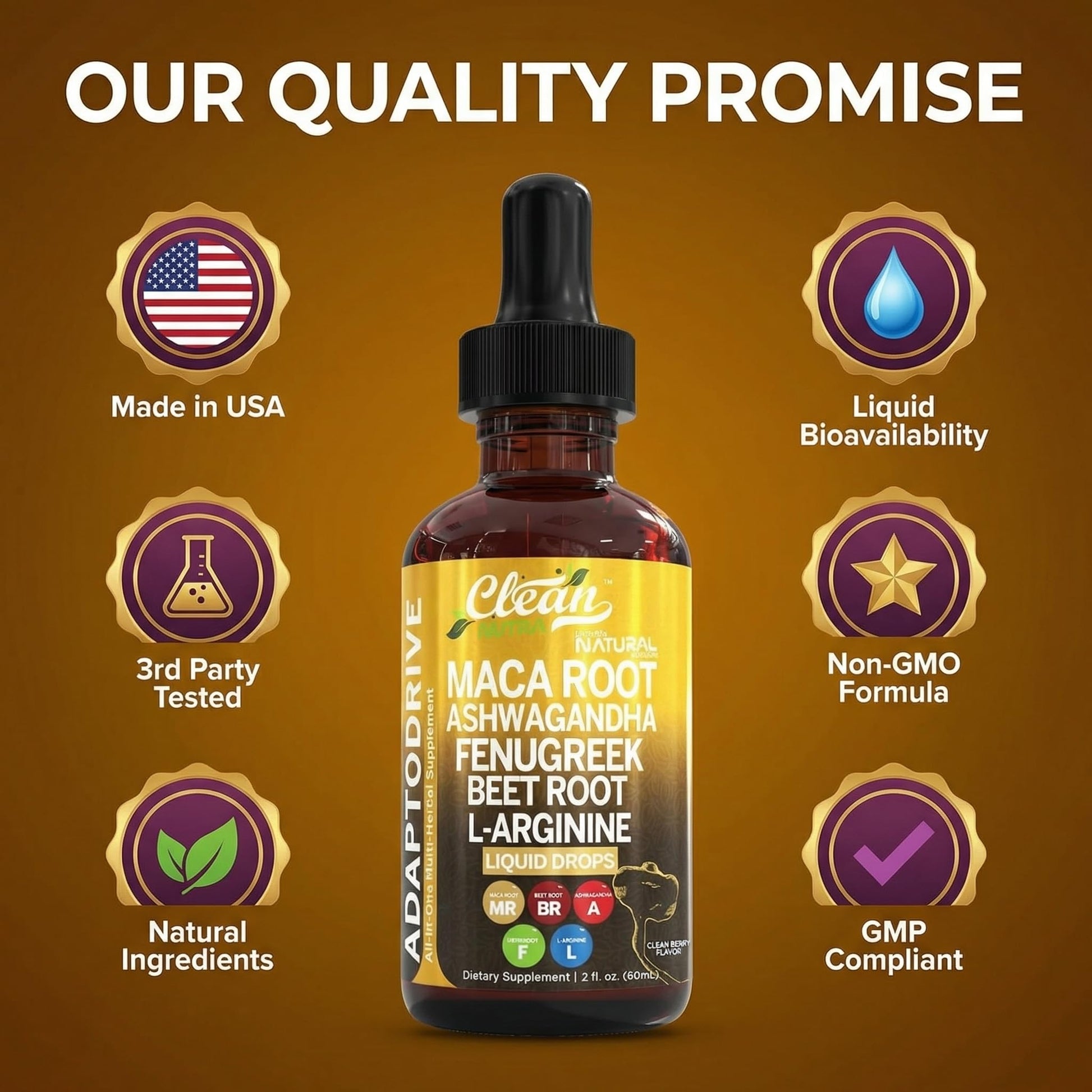 Clean Nutraceuticals premium adaptogen drops for stress relief and muscle recovery