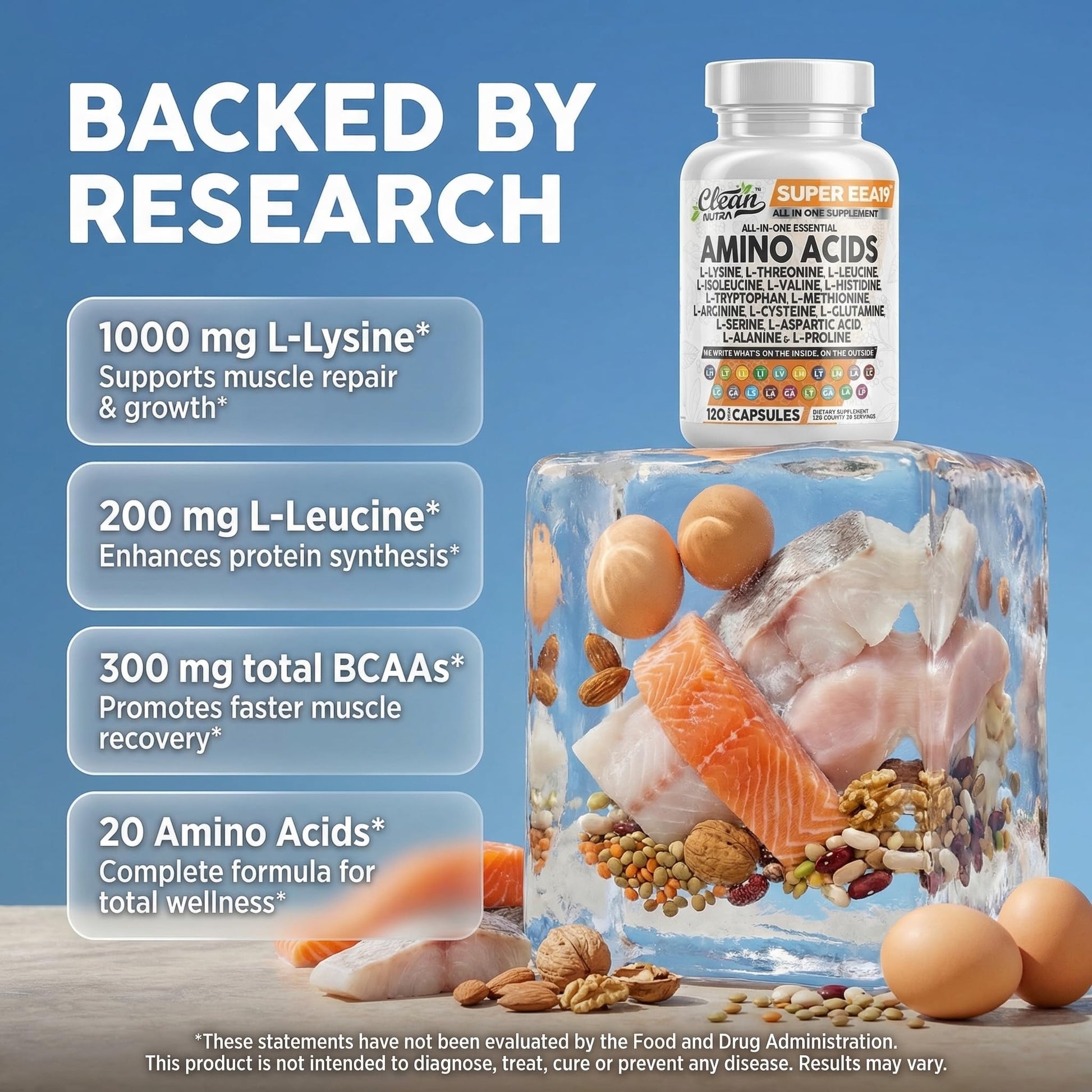 Side label view of Clean Nutraceuticals amino acid capsules displaying the comprehensive 14-in-1 blend