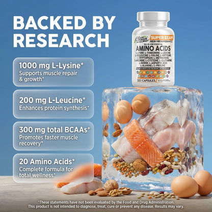 Side label view of Clean Nutraceuticals amino acid capsules displaying the comprehensive 14-in-1 blend