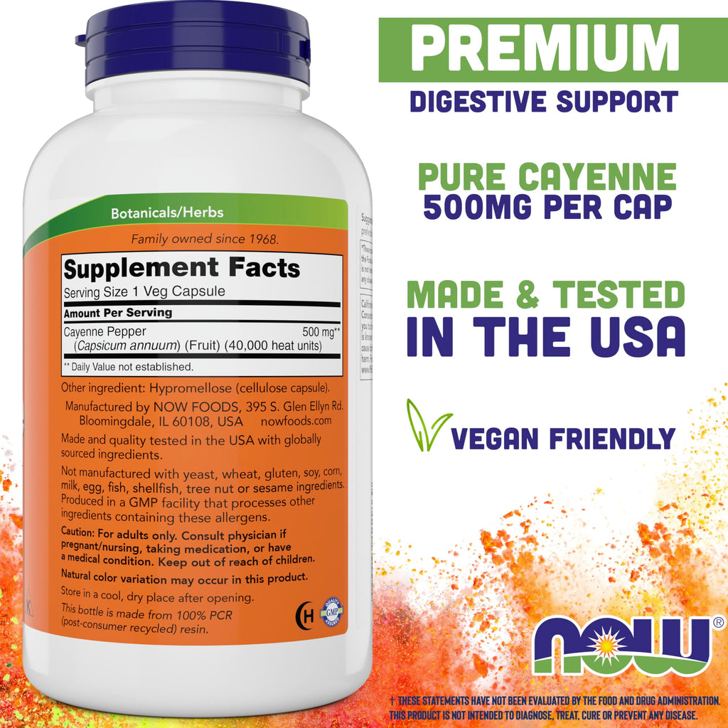 NOW Foods Cayenne 500 mg supplement facts label with ingredient details and allergen warnings