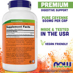 NOW Foods Cayenne 500 mg supplement facts label with ingredient details and allergen warnings