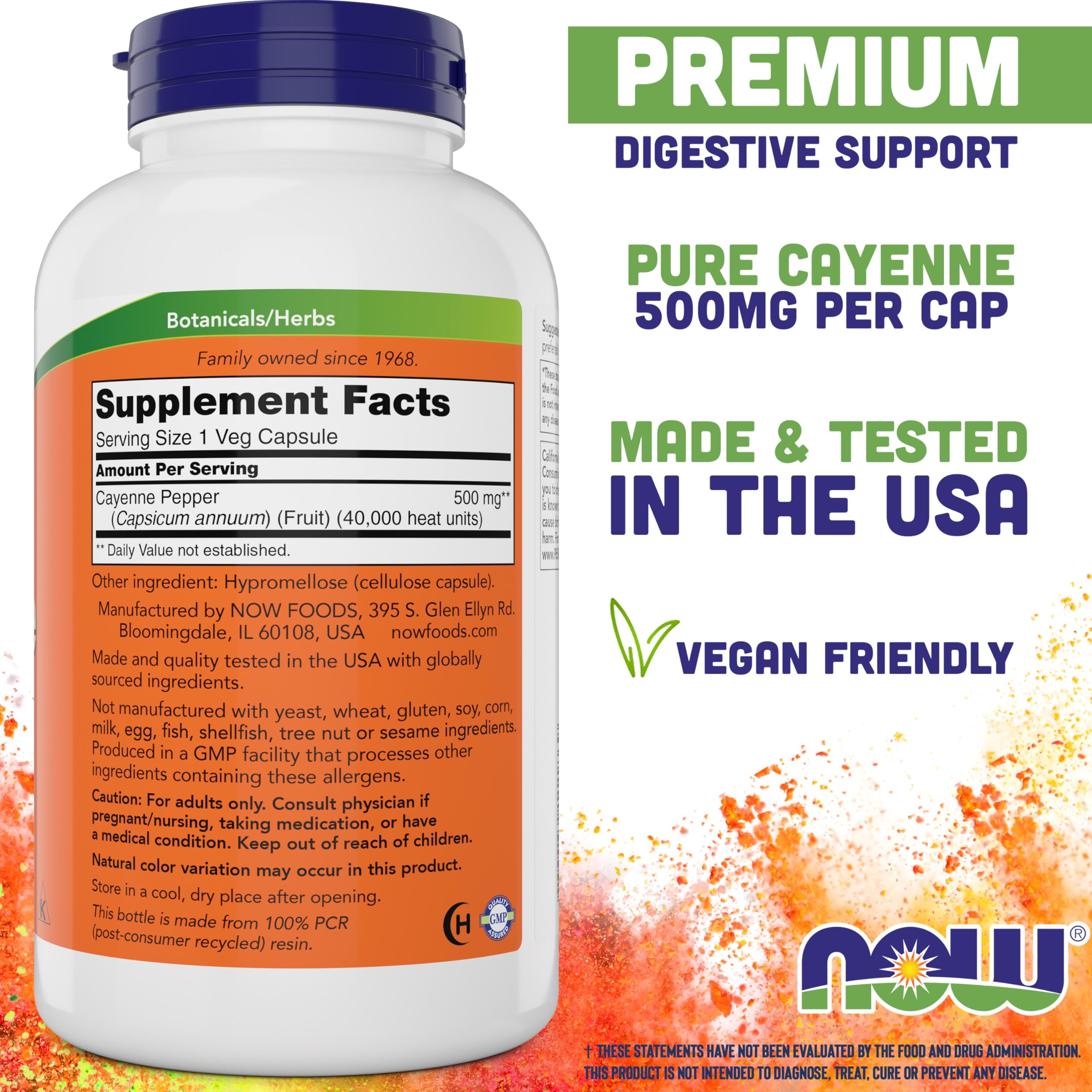 NOW Foods Cayenne 500 mg supplement facts label with ingredient details and allergen warnings