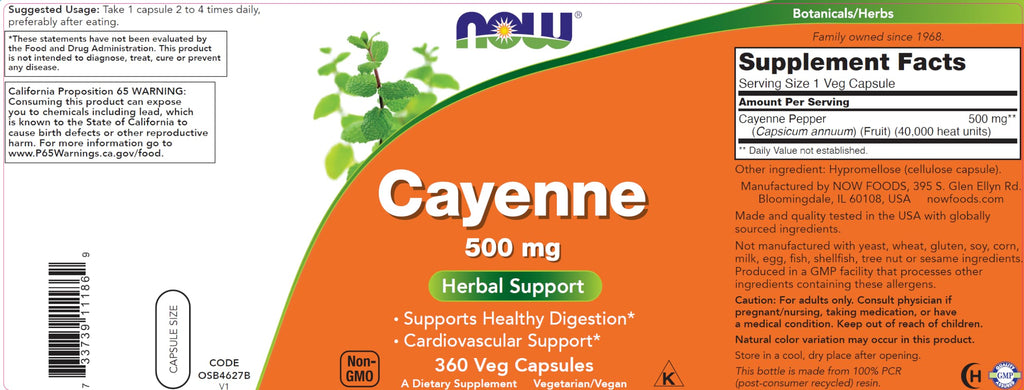 Authentic NOW Foods Cayenne pepper dietary supplement bottle showing non-GMO and vegan seals