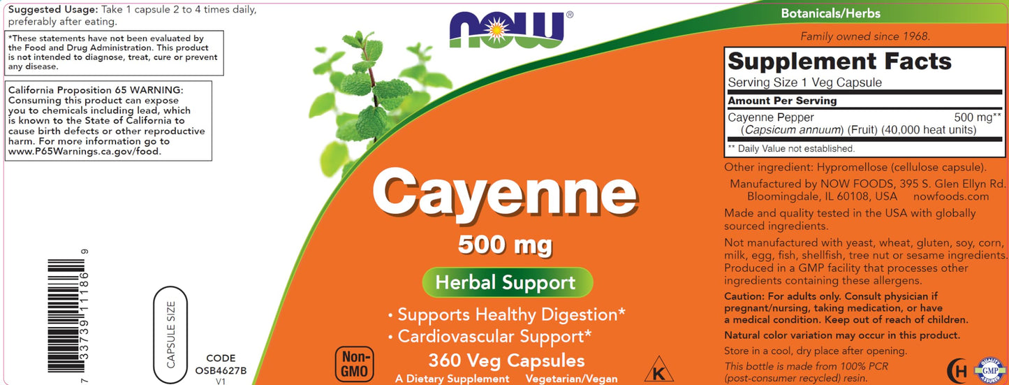 Authentic NOW Foods Cayenne pepper dietary supplement bottle showing non-GMO and vegan seals