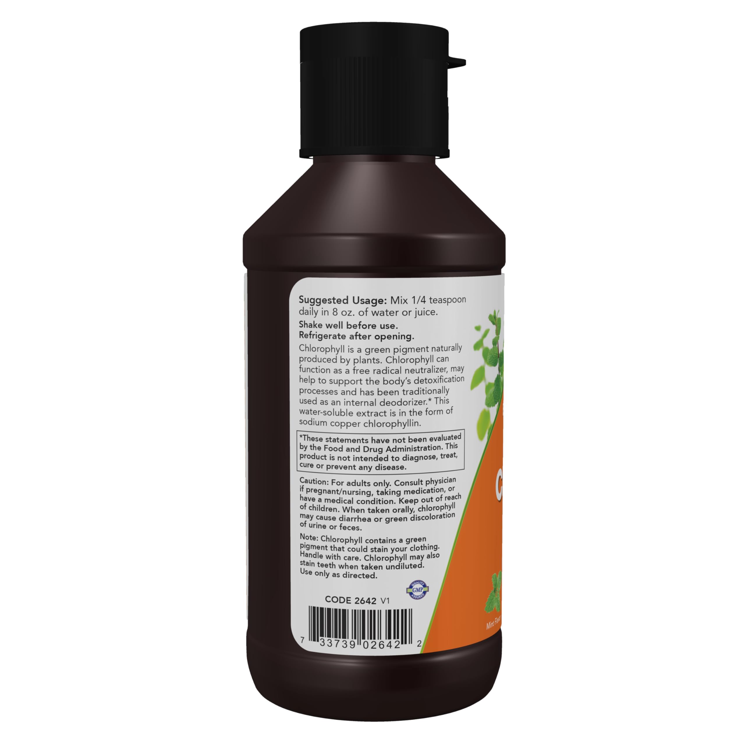 NOW Foods Extra Strength Liquid Chlorophyll Mint nutrition facts label showing ingredients.