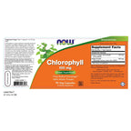 NOW Foods Chlorophyll 100 Milligrams dietary supplement bottle showing ingredient facts and organic alfalfa powder content.