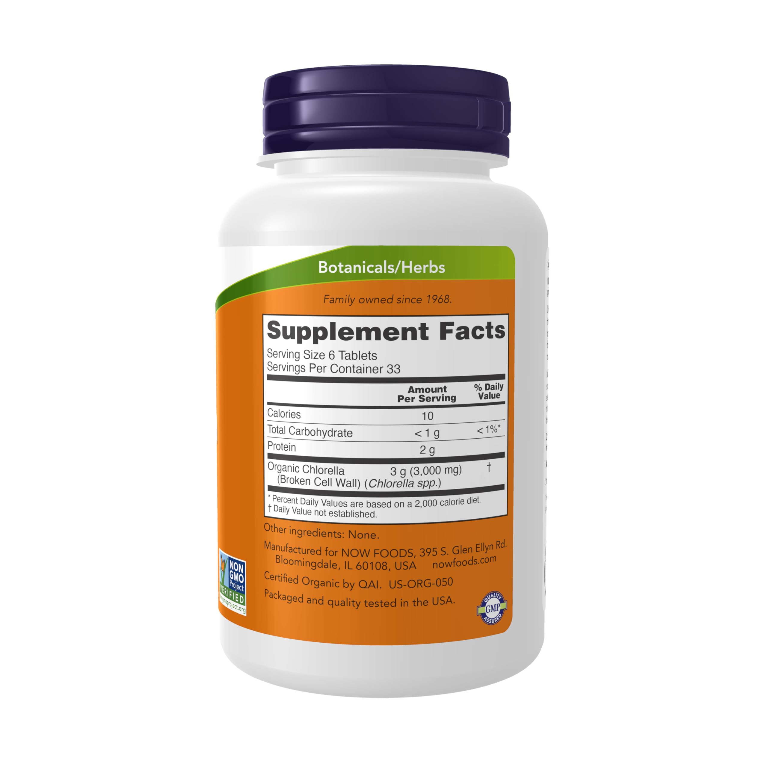 NOW Foods Chlorella organic green algae tablets bottle back showing nutrition facts label