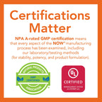 Side view of NOW Foods green pigment supplement showing GMP quality assured safety verification.
