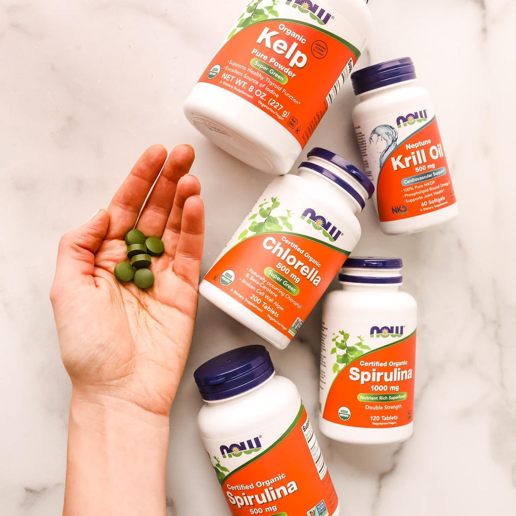 NOW Foods green superfood broken cell wall chlorella dietary supplement product bottle